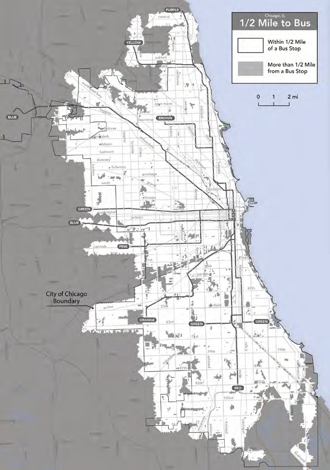 Map showing Chicago areas serviced by CTA bus routes