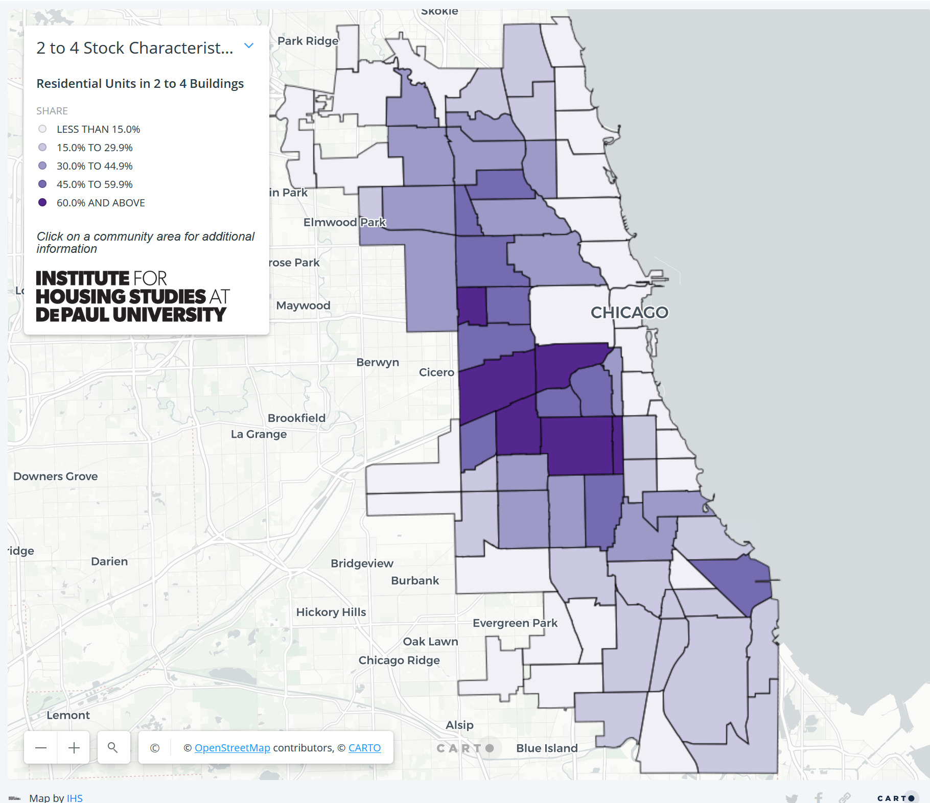 Map showing Chicago community areas by two to four flat prevalance